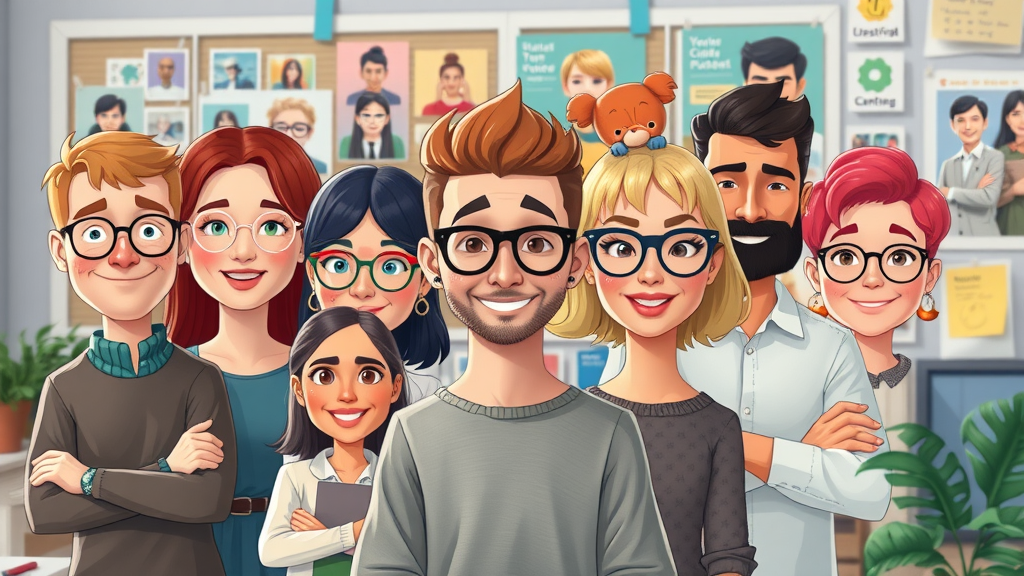 imaginative representation of brand personas and personality icons in a creative workspace for brand voice development