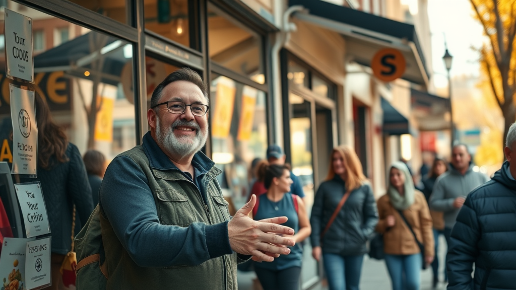 google business places 3 pack urban storefronts bustling retail shops morning sunlight