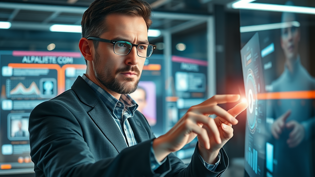 futuristic entrepreneur strategizing online reputation management neon interface