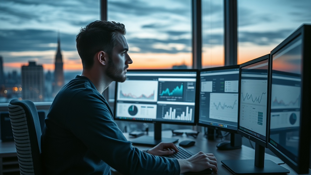 seo expert analyzing local ranking data using advanced seo tools at modern desktop