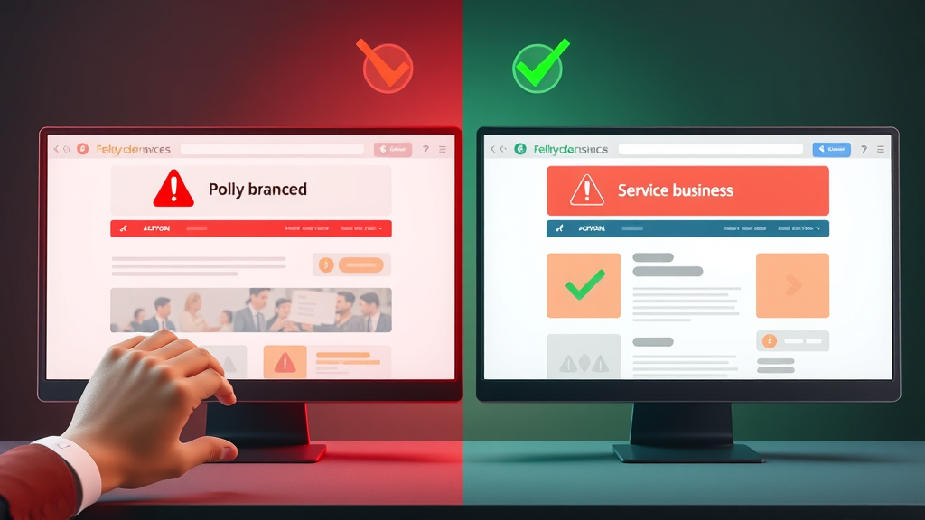 Split-screen of poorly branded and well-branded service websites - common pitfalls in digital branding for service providers