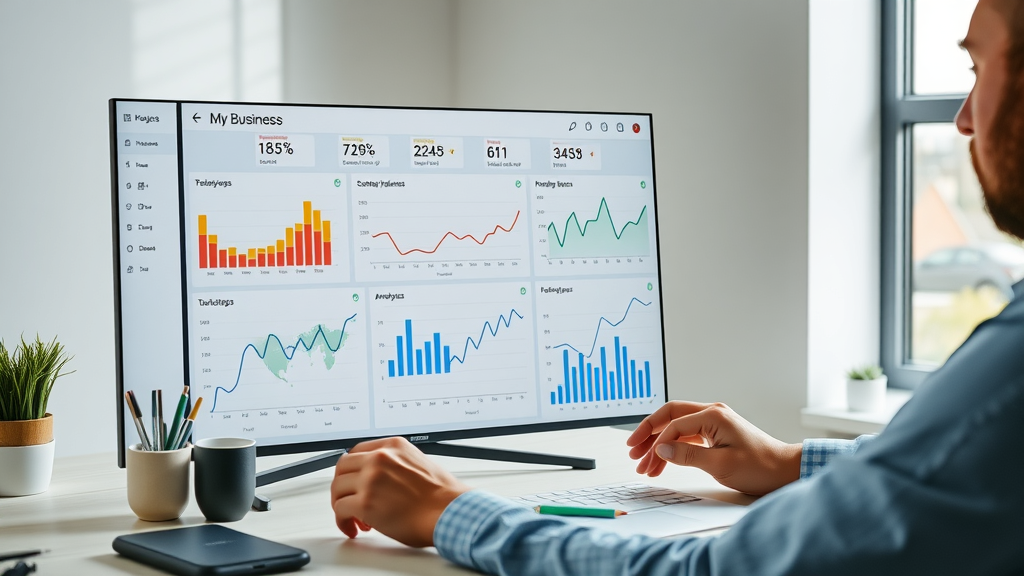 digital dashboard showing Google My Business Insights, analytics graphs for map pack performance monitoring