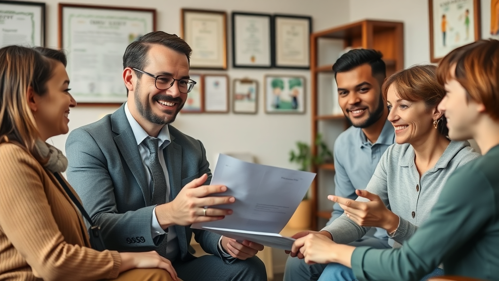 Client acquisition for attorneys: Family law attorney consulting with a diverse family in a welcoming office, highlighting success in growing a family law practice