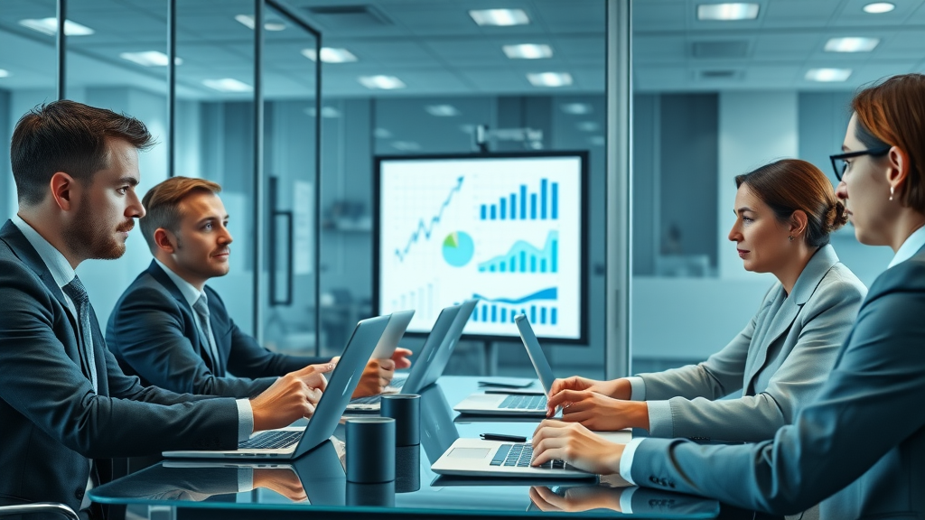 Law firm team engaged in a digital marketing strategy session, analyzing digital marketing results and planning campaigns