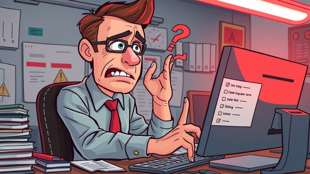 Frustrated business owner struggling with a complex lead gen form, removing unnecessary fields in a cluttered workspace. {lead gen}, {landing page}, {lead generator}
