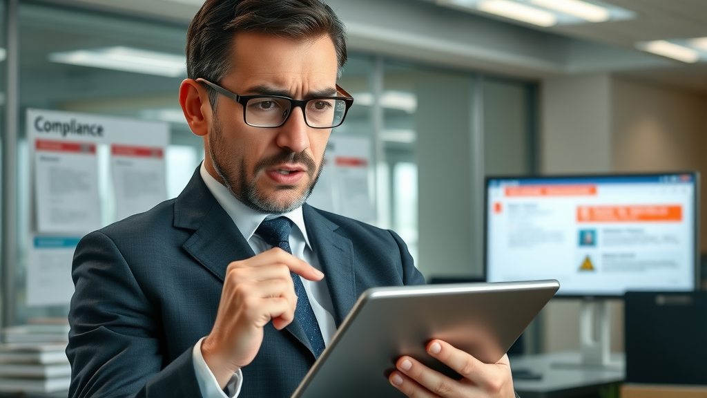 Concerned business professional reviewing compliance warning for legal online advertising