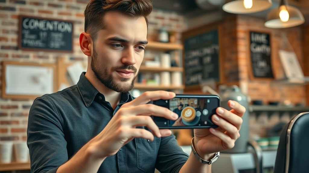Local coffee shop owner creating content, content marketing for local businesses