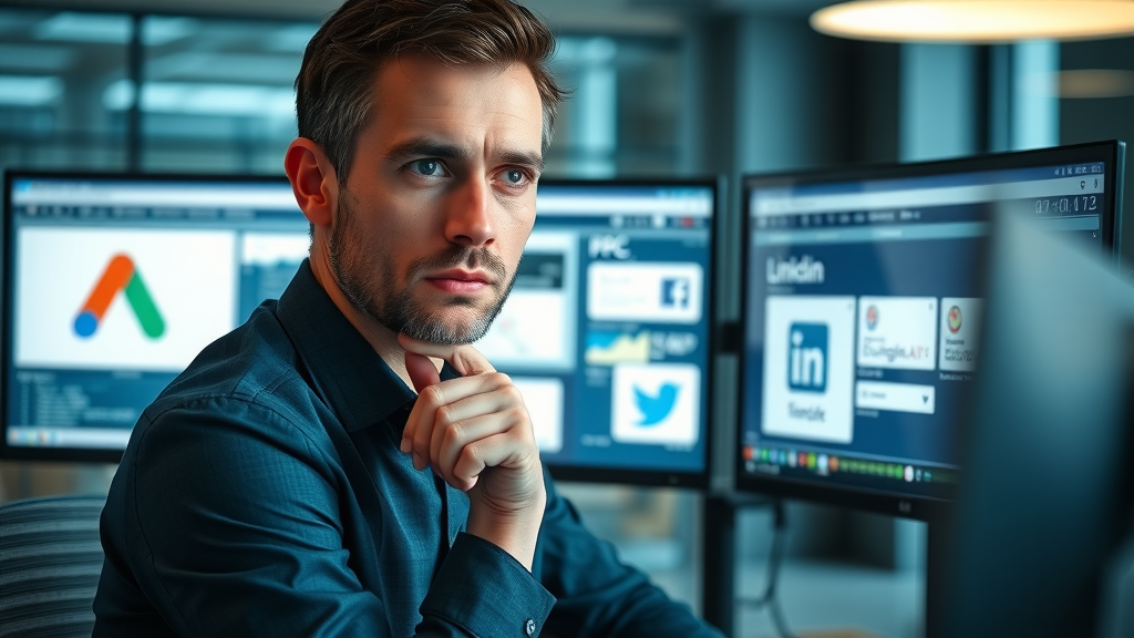 PPC advertising for services - marketer comparing Google Ads Facebook LinkedIn platforms on dual monitors