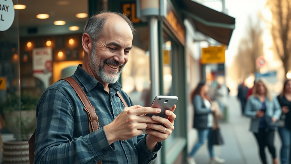 local business owner using smartphone for social media marketing in urban storefront