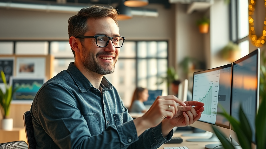 Motivated entrepreneur reviewing digital performance charts for internet advertising for small businesses