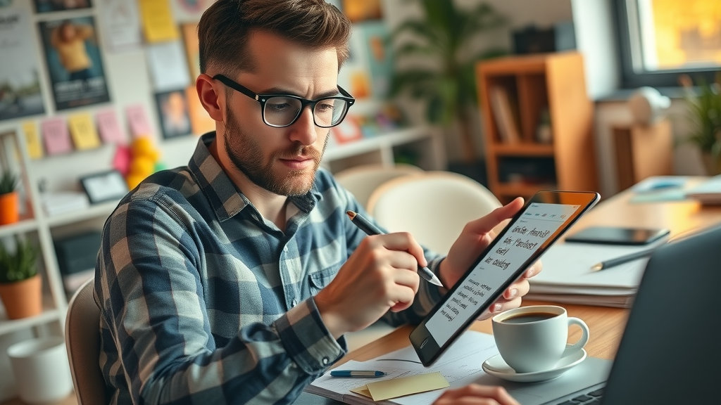 Creative copywriter brainstorming PPC ad copy on a digital device in a modern workspace
