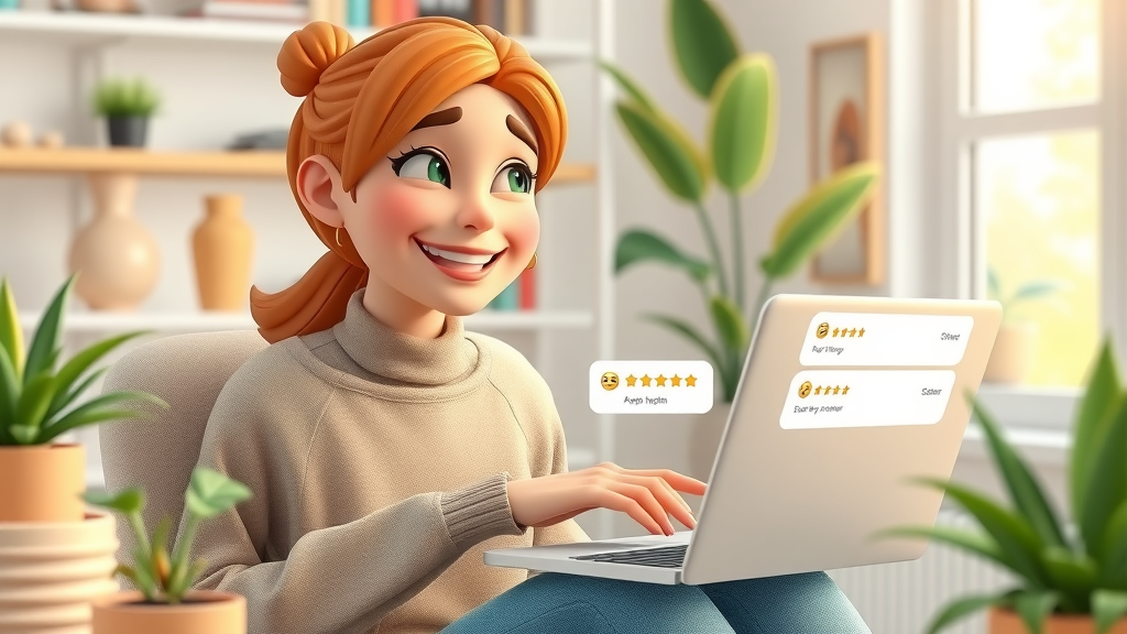 Online shopper leaving a positive review, strengthening social proof and website credibility.