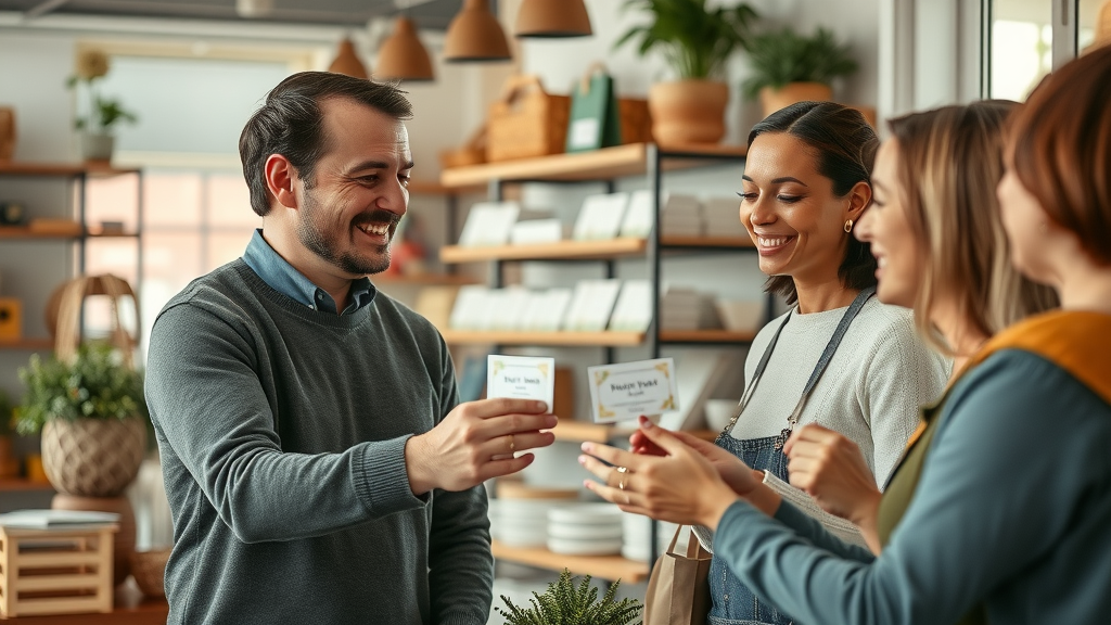 brand awareness loyal local customers interacting warmly with staff using loyalty rewards in a cozy boutique