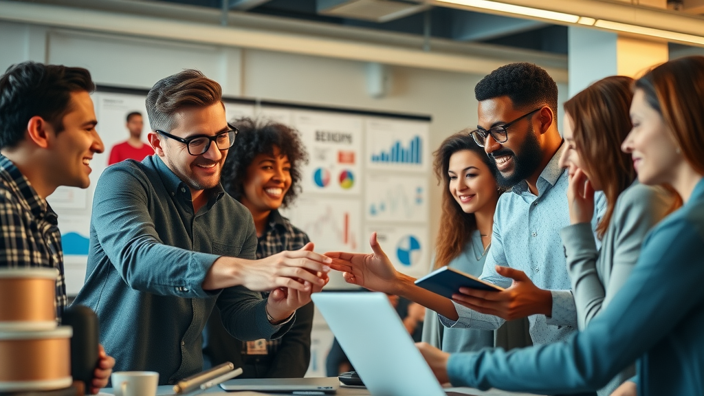 diverse team developing brand reputation strategies in a modern open-plan workspace