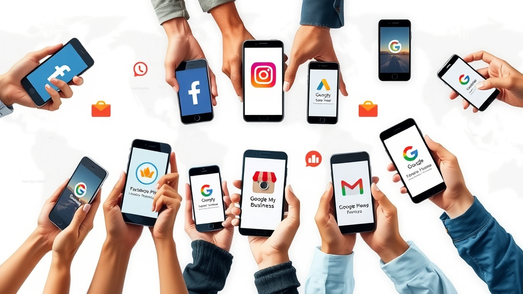 comparison of social media platforms for local businesses: Facebook, Instagram, Google My Business icons held by diverse hands, local marketing emphasis