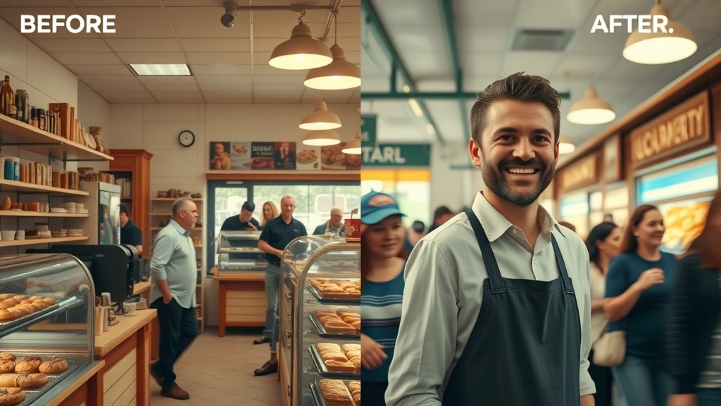 split scene bakery before and after social media: empty vs. crowded with happy customers and lively pastries, local business transformation case study