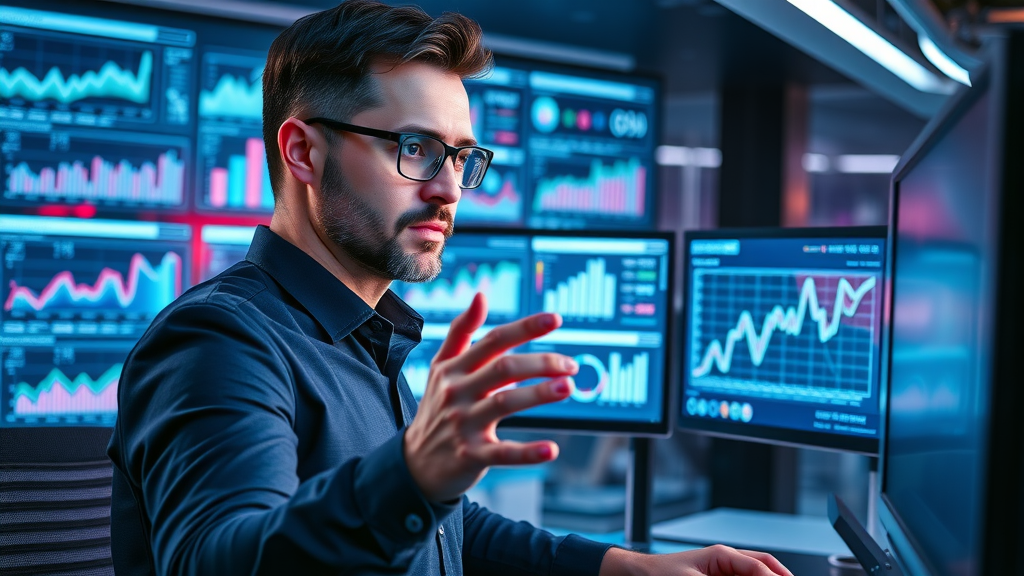 analytical marketer reviewing data dashboards and metrics for brand voice development success