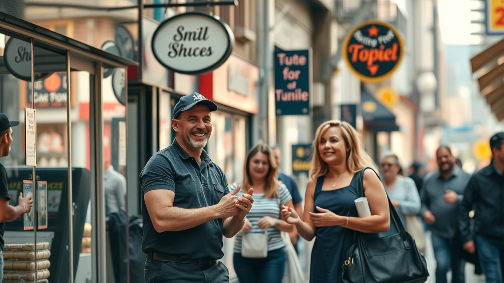 engaging cityscape with small business storefronts, cheerful business owners, interacting with customers, bustling urban background, local search ranking factors