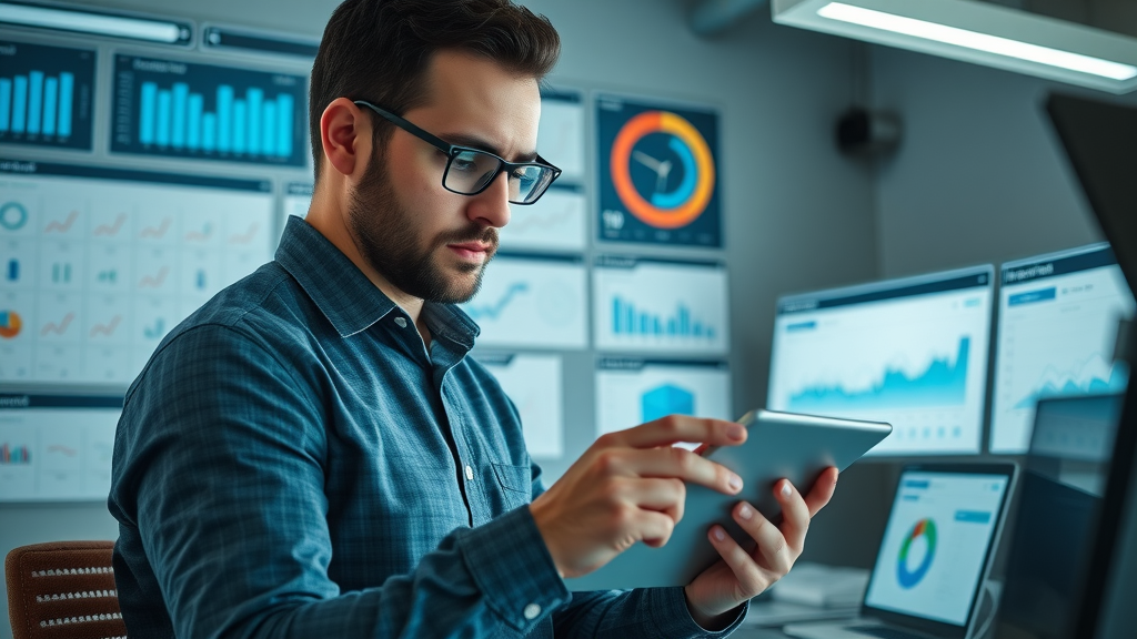 organized digital workspace with SEO checklists and analytics, business owner focusing on local SEO strategy