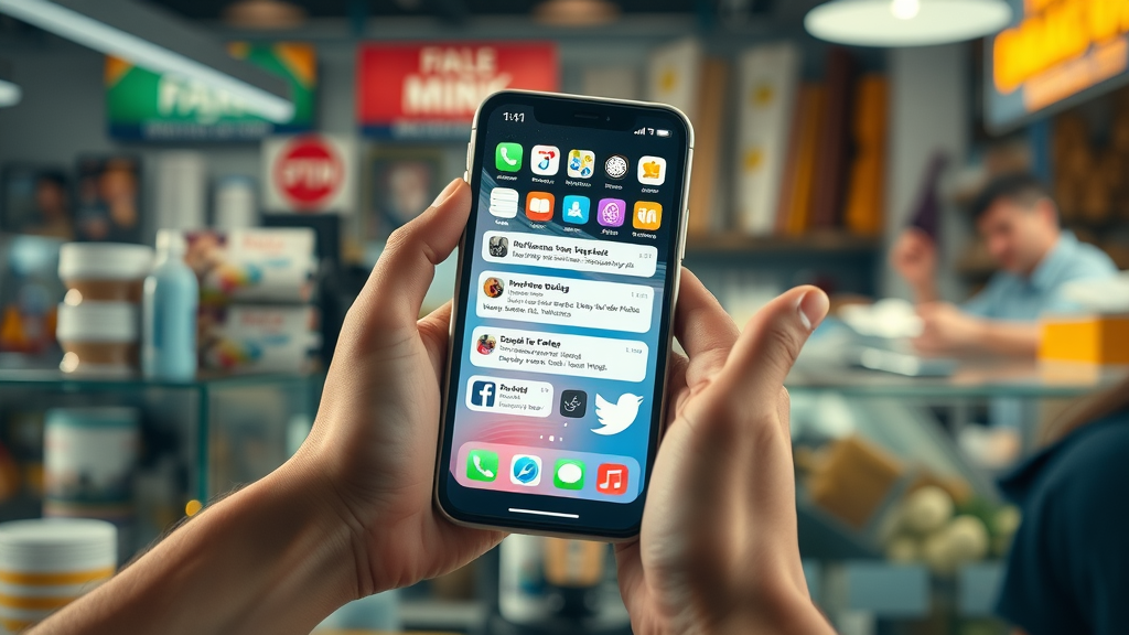 smartphone displaying social media notifications in a local business setting