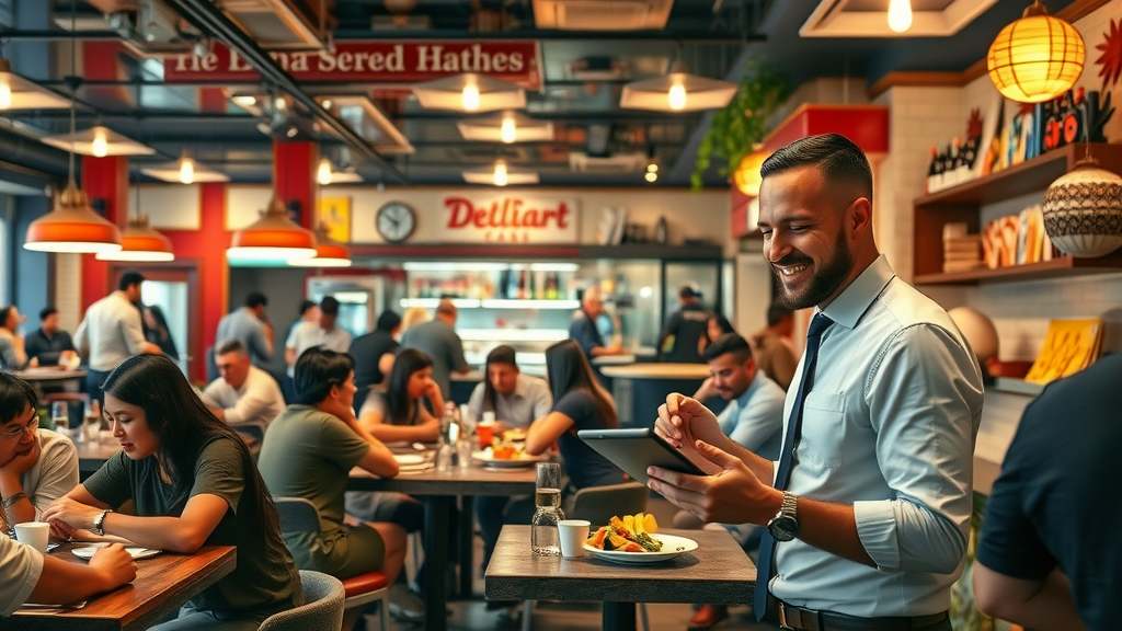 Restaurant manager analyzing Google Maps marketing success, diners, dynamic foot traffic visualization