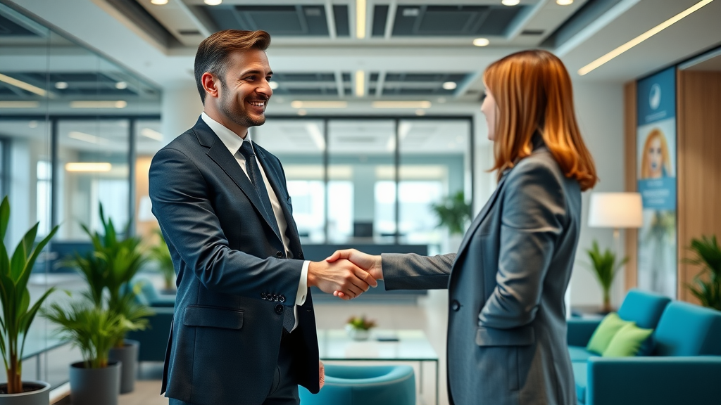 Lawyer shaking hands with a marketing agency professional, highlighting partnership for law firm digital marketing success