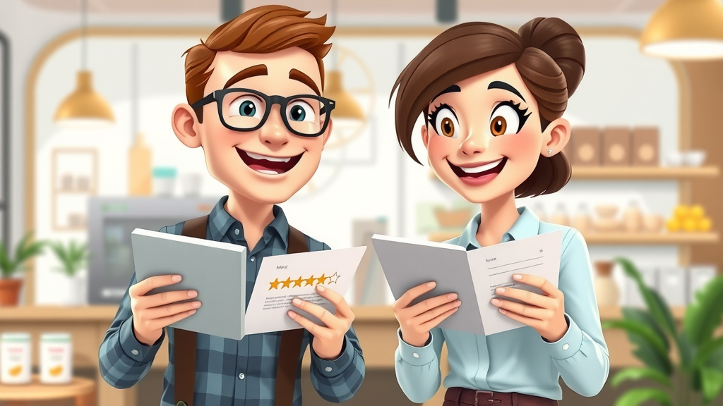 cheerful small business team reading positive online reviews, reputation management for local business