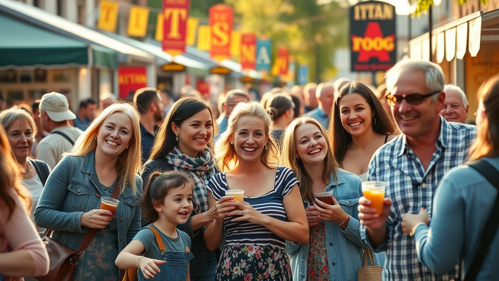 local content marketing at outdoor community event: lively festival, happy families and local businesses, golden hour sunlight