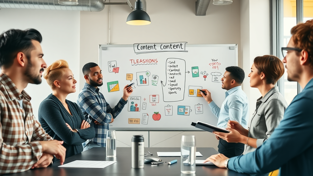 diverse small business owners brainstorming local SEO content strategies with whiteboard