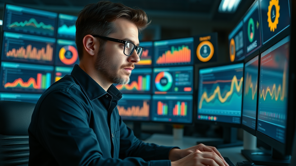 data analyst reviewing sentiment analysis and KPIs on a brand management dashboard