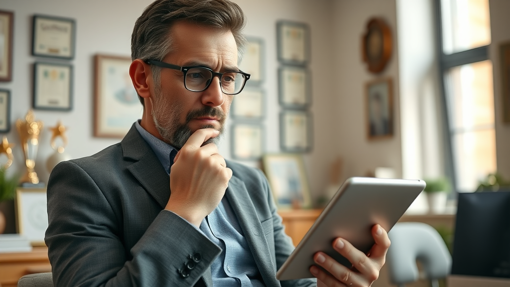 Local business owner reviewing online reputation and reviews on a tablet in cozy office setting.