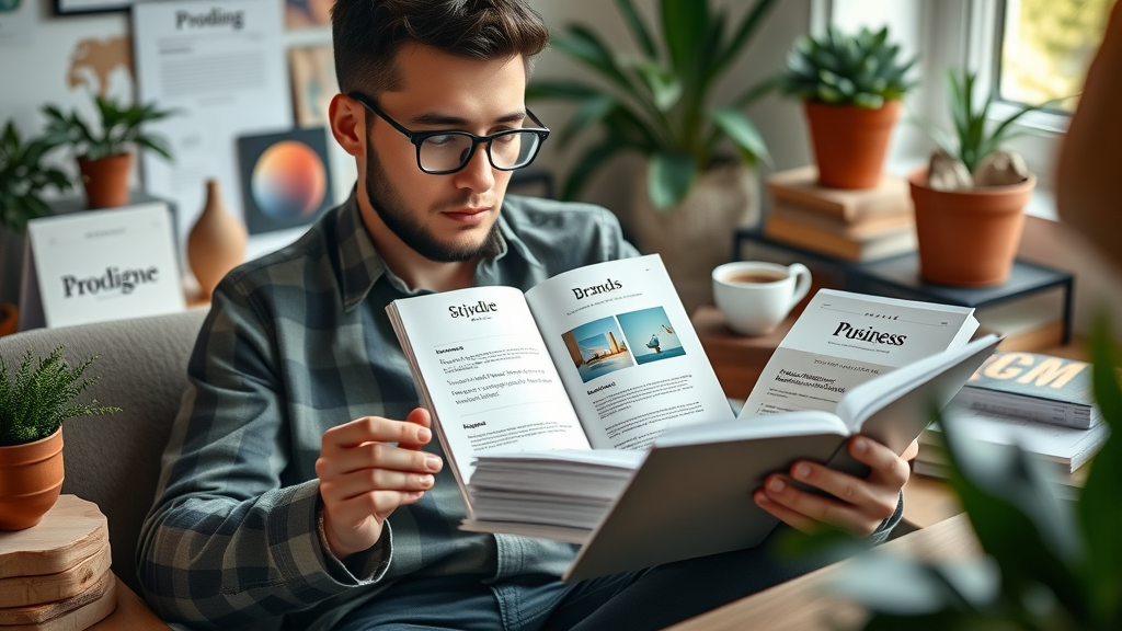 branding book and digital style guides for business brand voice, cozy workspace