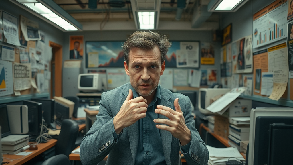 digital advertising manager frustrated with outdated reports and analytics in cluttered office