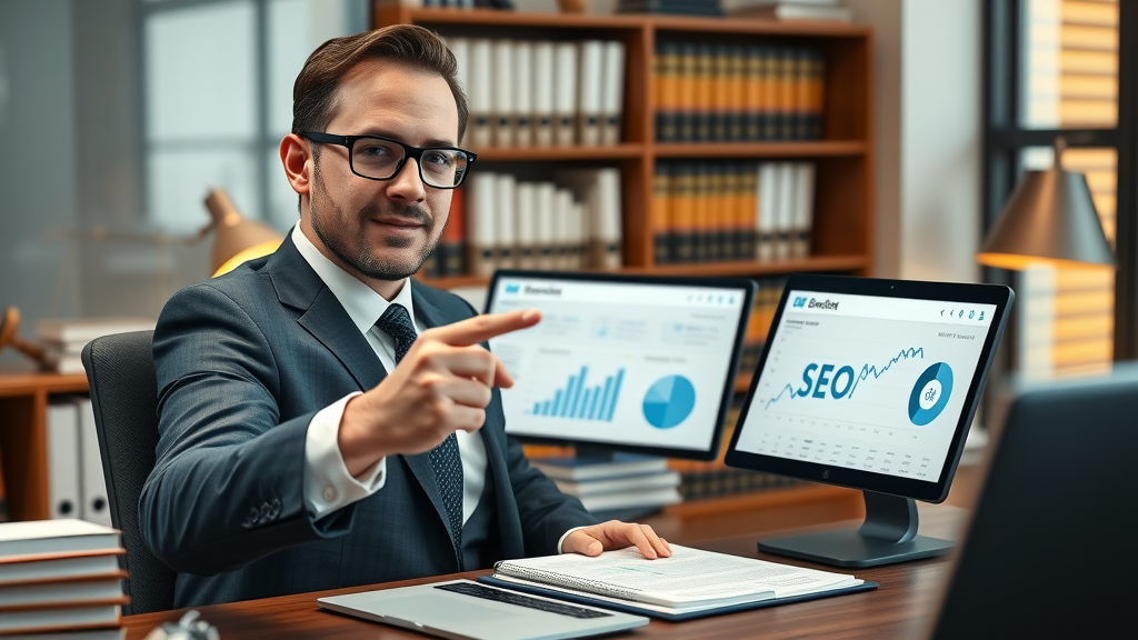 law firm web: lawyer demonstrating web optimization and SEO analytics
