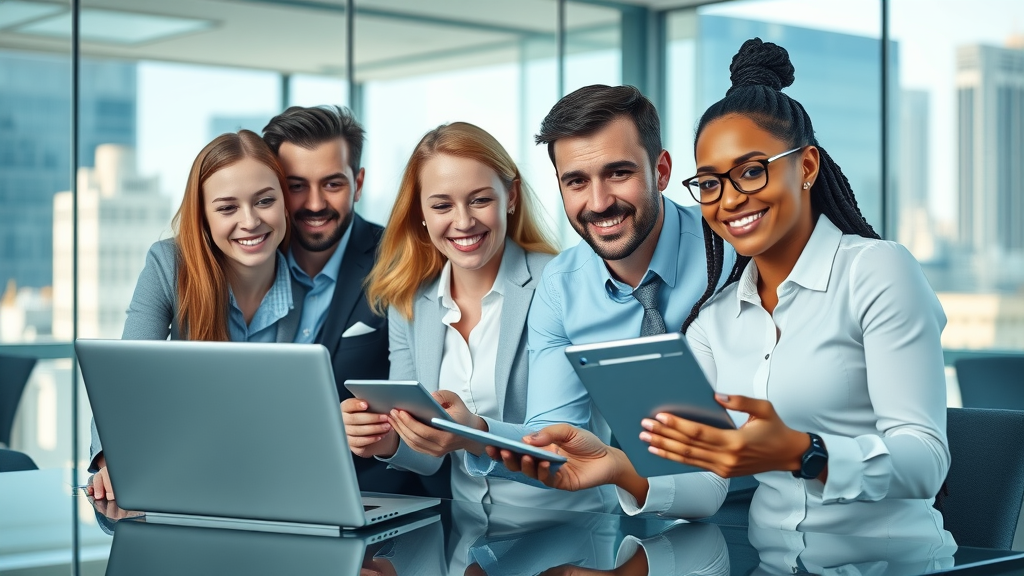 professional business team collaborating on business listing management strategies, modern office, cityscape background, teamwork and productivity, business listing management