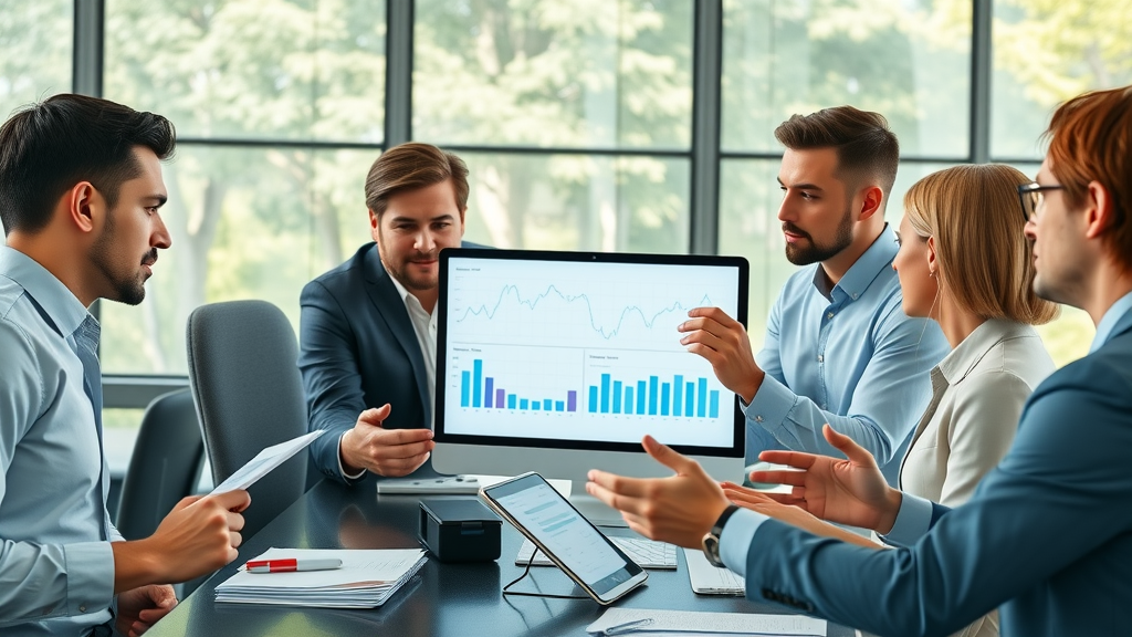 content marketing techniques business meeting professionals analyzing graphs digital screens collaborative brainstorming strategy modern office