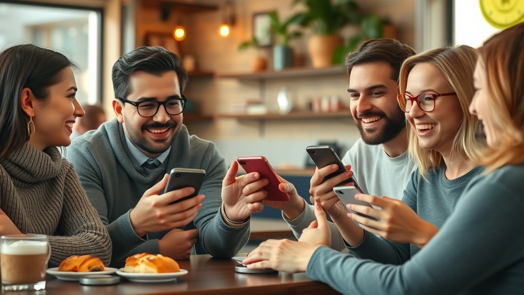 happy customers leaving positive reviews on smartphone, local business setting, positive customer review impact for local SEO and Google search