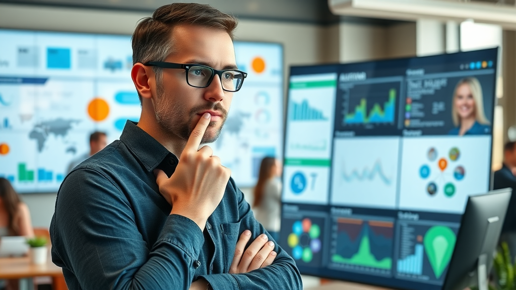 digital marketing strategies professional analyzing buyer persona maps and target audience segments on a digital display