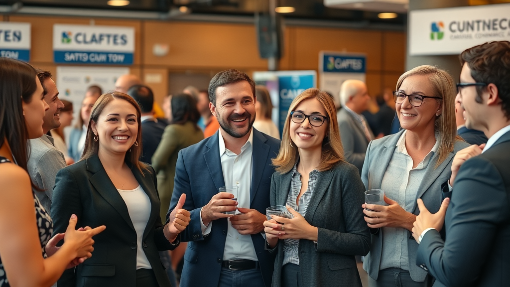 local business owners networking at chamber of commerce event in lively venue