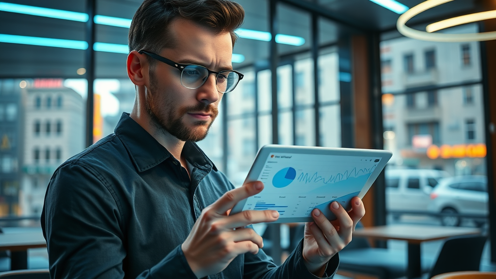 Business owner using analytics dashboard to maximize paid ad social media campaigns and grow local business
