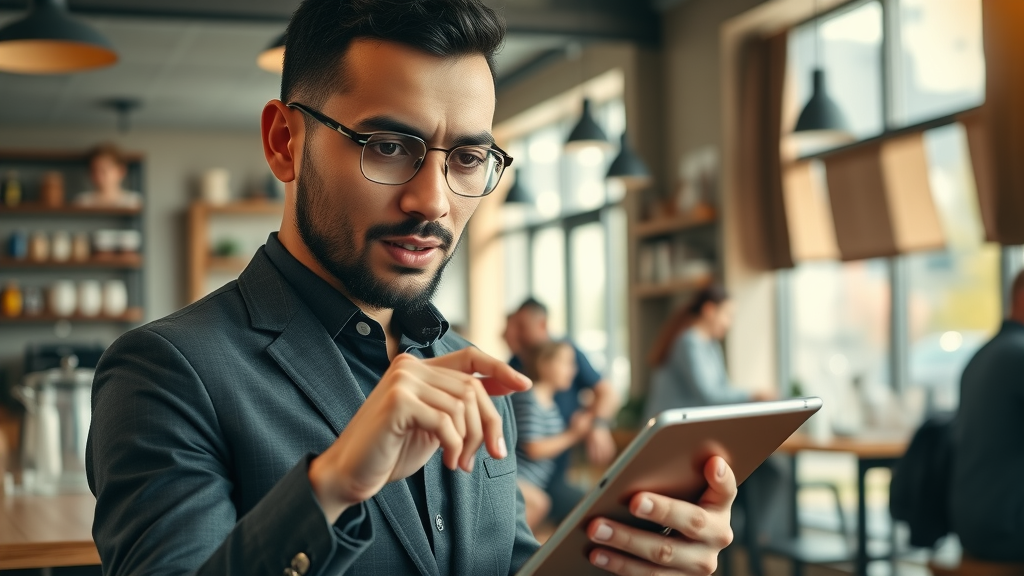 multiracial local business owner checking review sites for reputation management