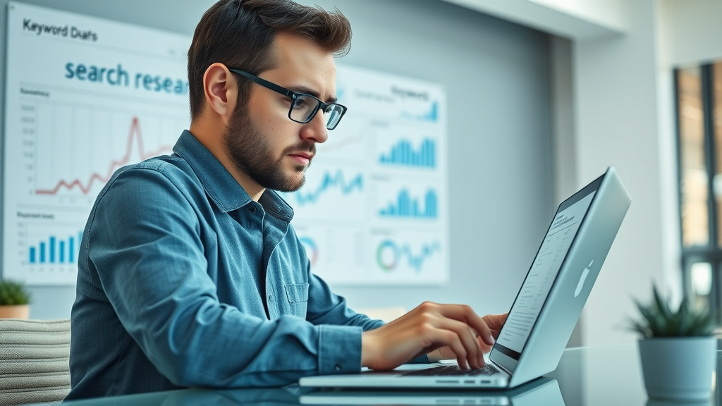law firm SEO strategies keyword research: focused marketer analyzing search terms, graphs and keyword clouds