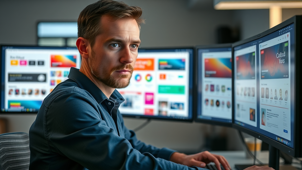 graphic designer reviewing multiple colorful email templates for service business campaigns