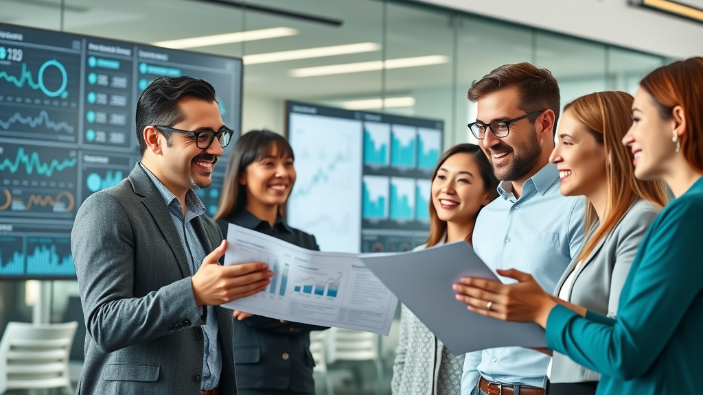 dynamic modern marketing team discussing data, social media marketing services in a sleek office, digital analytics displayed