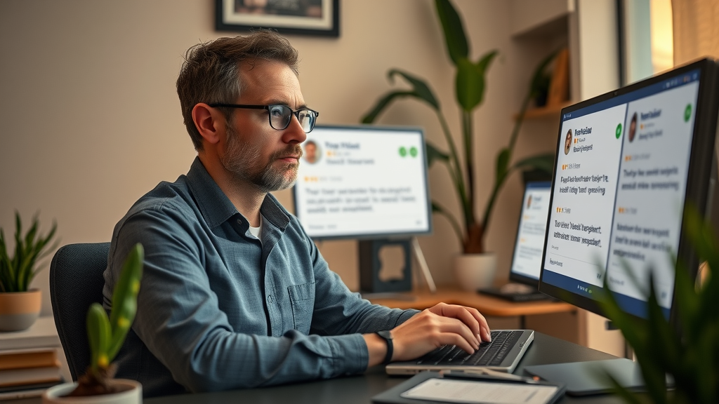 thoughtful manager responding to online reviews, composed and considerate, typing a response with dual screens showing both praise and complaint, positive and negative review response