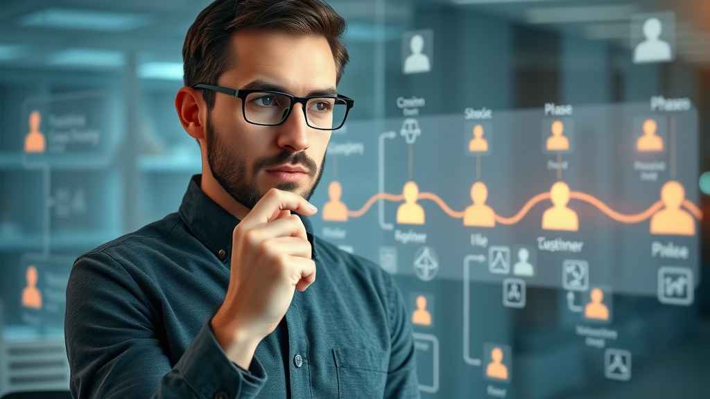 Analyst mapping digital customer engagement journey, holographic touchpoints, animated customer phases - customer journey