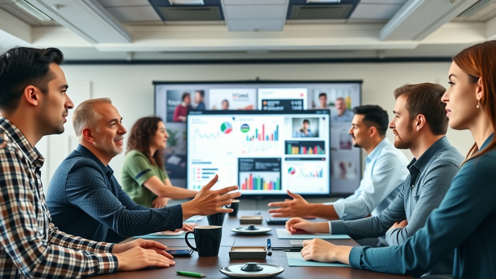 successful global brand team analyzing campaign results for brand voice development in corporate setting