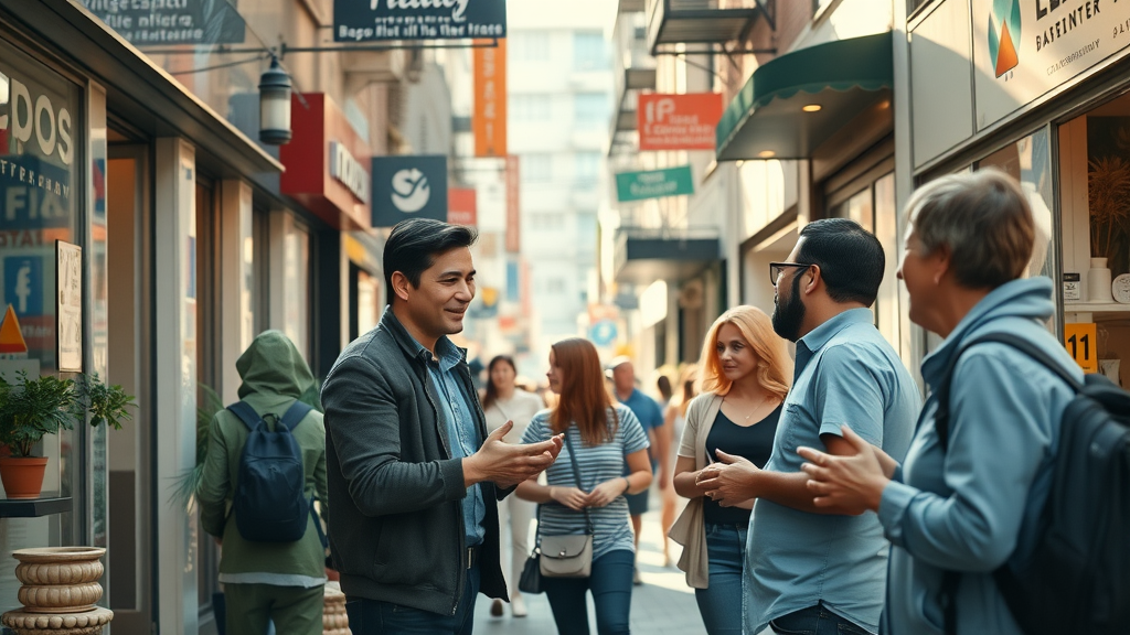 vibrant street-level view of a busy small business district, local business SEO map pack impact