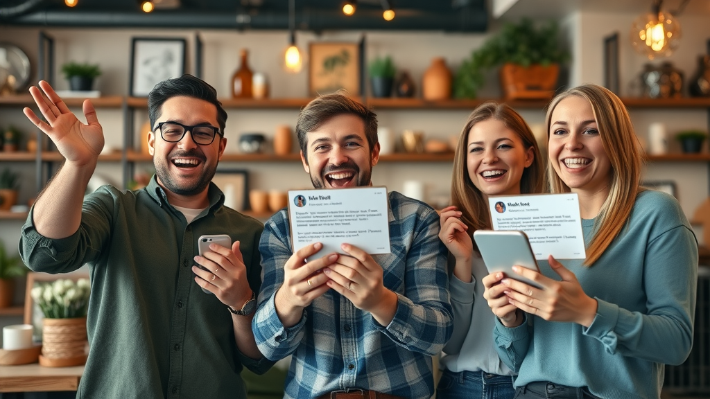 Local business team celebrates increased social media presence with enthusiastic reviews of media notifications