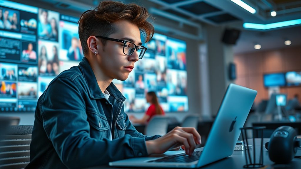 young marketer designing multimedia content for social media strategy in coworking space